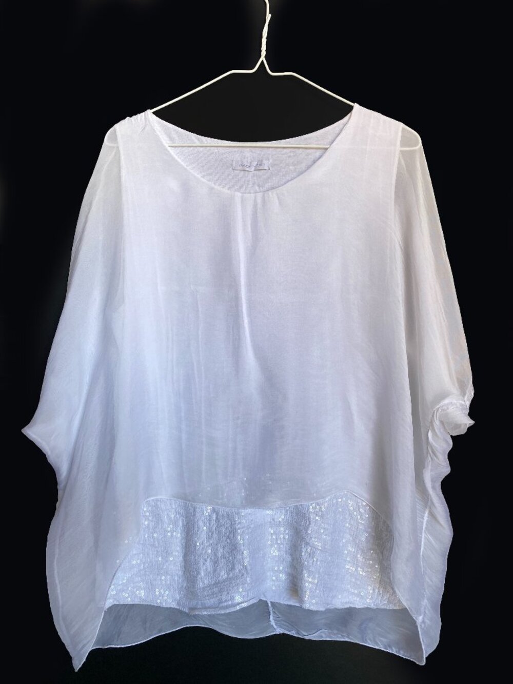 Made in Italy White Silk Blend Sequin Hem Tunic Blouse Women's S Sheer Layered